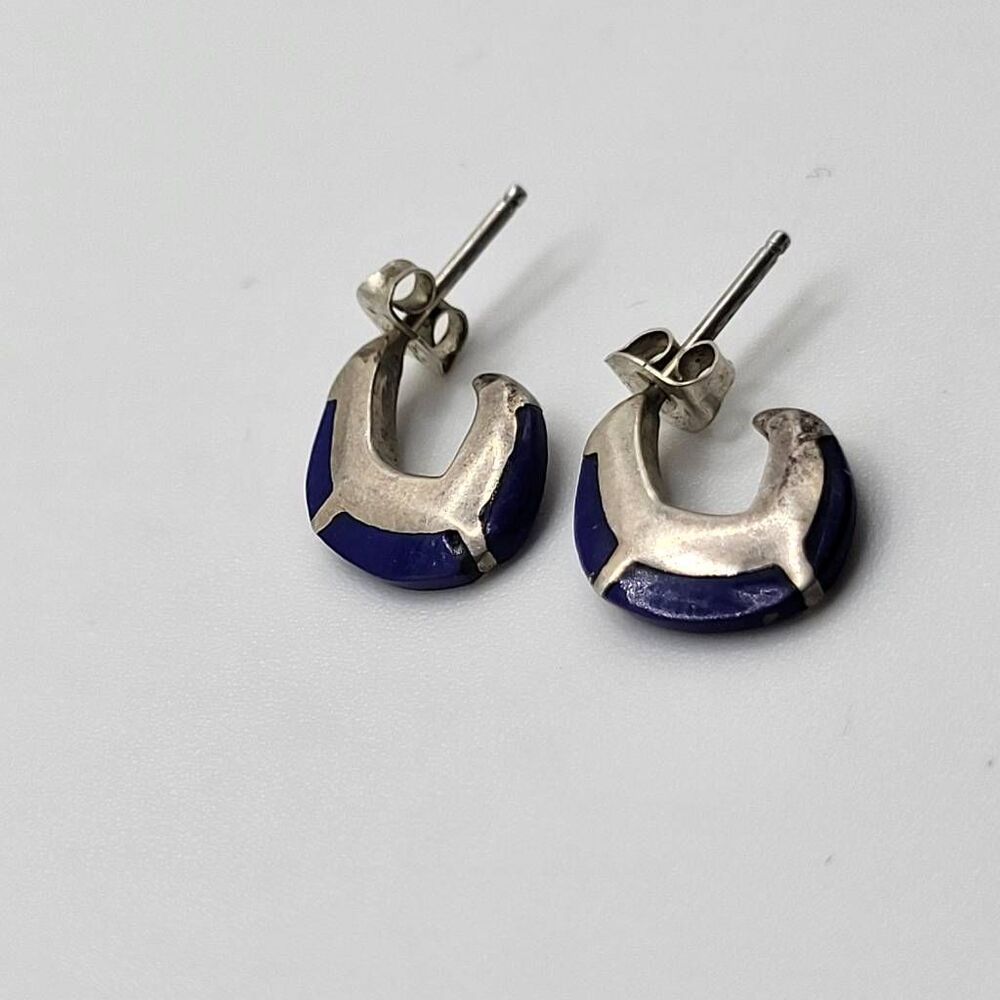 Native American Sterling Silver Lapis Hoop Earrings - Picture 4 of 6